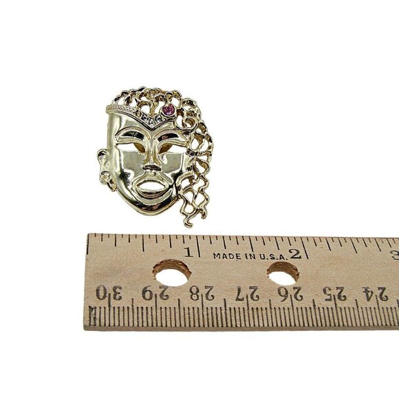 Mardi Gras Thai Style Oriental Mask Brooch Hat Lapel Pin Pink Stone Gothic - Picture 10 of 12